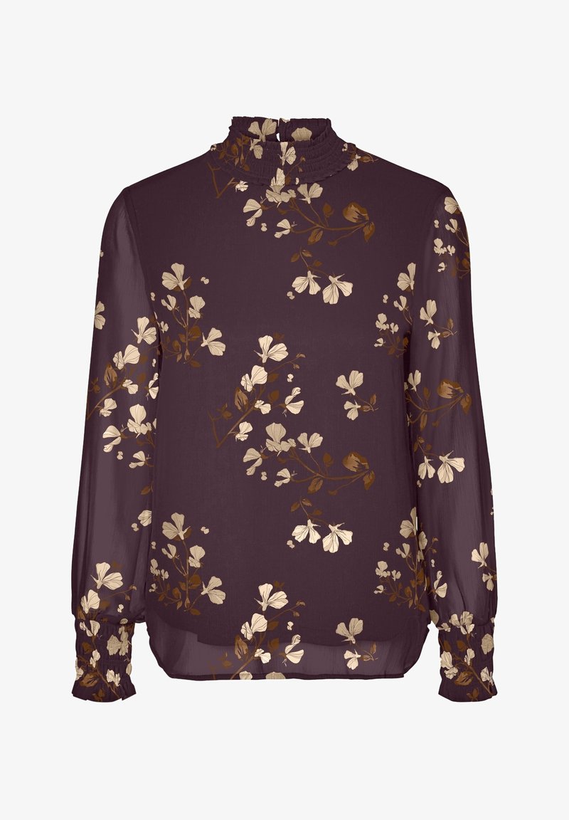 Blusa a maniche lunghe di un profondo viola con colletto arricciato, caratterizzata da motivi floreali in crema e marrone e polsini elasticizzati.