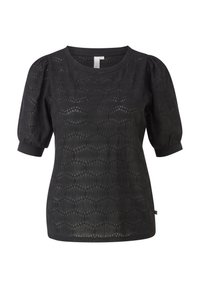 Sort kortærmet bluse med rund halsudskæring, der har et tekstureret zigzag-mønster og pufærmer. Letvægts, åndbart stof.