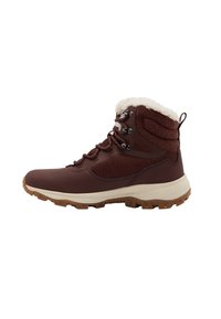 Stivale da hiking impermeabile marrone con upper testurizzato, colletto in morbido pile e suola in gomma con un motivo di battistrada robusto per una buona aderenza.