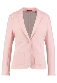 Světle růžový, textura blazer s dlouhými rukávy, s klopovým límečkem, dvěma předními kapsami a dvěma knoflíky vpředu.