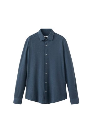 Long-sleeve shirt in dark blue fabric, featuring a button-up front, classic collar, and smooth texture with subtle sheen.