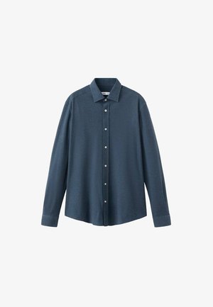 Long-sleeve shirt in dark blue fabric, featuring a button-up front, classic collar, and smooth texture with subtle sheen.
