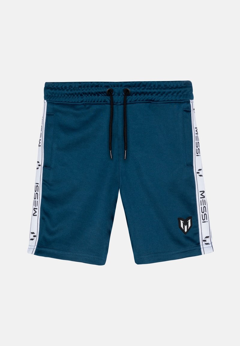 Shorts de sport bleus avec taille élastique, cordons noirs, bandes blanches sur les côtés avec le texte "MESSI", et un logo noir et blanc sur la jambe gauche.