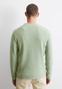 Hellgrüner, gestrickter Pullover mit langen Ärmeln und einem runden Halsausschnitt, der über einen strukturierten Stoff und dezente Nähte auf der Rückseite verfügt.