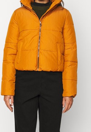 Personne portant une doudoune orange vif avec une fermeture éclair à l'avant et un pantalon noir sur un fond blanc uni.