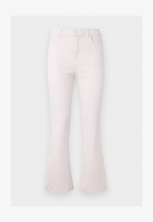 Lyserøde højttaljede flare jeans med knap- og lynlåslukning, for- og baglommer, vist på en ensfarvet baggrund.