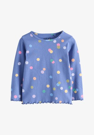 Sininen ribbineuloksinen, pitkähihainen taaperopaita, jossa monivärisiä pilkkuja ja hieman rypytetty helma ja hihansuut.