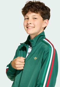 Zelená zipová bunda s vysokým límcem, zlatým logem a červenými, bílými a zelenými pruhy na rukávech. Hladká textilie.