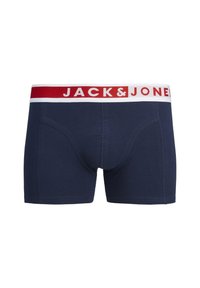 Boxer-briefs marine fabriqués en coton avec une ceinture élastique blanche et rouge arborant le logo "JACK & JONES", incluant deux coutures latérales pour un bon ajustement.