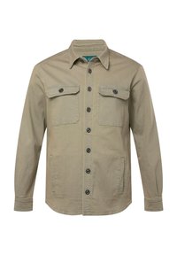 Harmaa nappikauluspaita, jossa on kaksi rintataskua, mustat napit ja kaulus. Kangas näyttää pehmeältä ja siinä on yksinkertainen pinta. Säännöllinen malli pitkillä hihoilla.