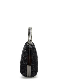 Schwarze Perlen-Clutch mit runder Form, glattem schwarzem Hardware und doppelten Perlengriffen mit Kristallakzenten.