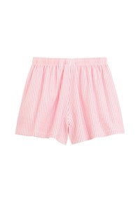 Różowe szorty w paski wykonane z miękkiego materiału z elastycznym paskiem w talii oraz luźnym, przewiewnym krojem. Piony paski są równomiernie rozmieszczone.