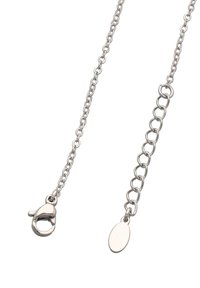 Catena in metallo argento con chiusura a moschettone da un lato e un ciondolo ovale dall'altro. Presenta forme ovali e rotonde collegate.