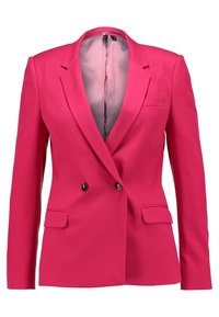 Dvoubreasted sako fuchsie z hladké látky s klopami s výstřihem do špičky, dvěma předními kapsami a knoflíkovými detaily. Vnitřek podšitý v odpovídající barvě.