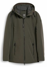 Olivově zelená nepromokavá bunda s přiléhavou kapucí, předním zipovým uzávěrem a dvěma bočními kapsami. Disponuje hladkým vnějším povrchem a nastavovacími stahovacími šňůrkami.