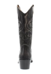 Black leather cowboy boot with a pointed toe, decorative stitching in a flame pattern, and a slight heel. Features a tall shaft and side pulls.