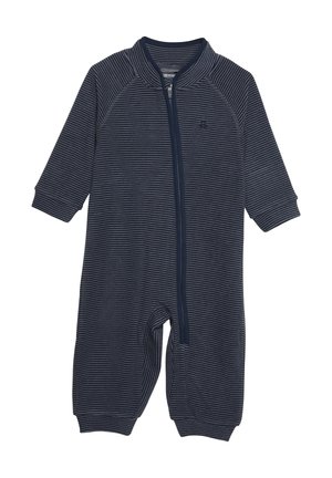 Granatowy śpioszek dla niemowląt z cienkimi szarymi poziomymi paskami, zamkiem błyskawicznym z przodu, długimi rękawami oraz prążkowanymi mankietami i kołnierzykiem.