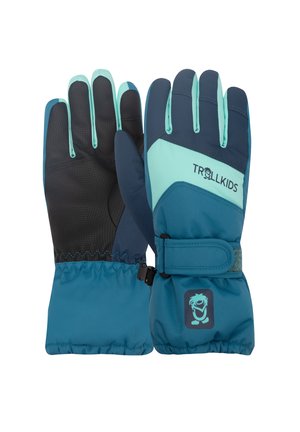 Children's insulated winter gloves in blue and teal with adjustable wrist strap and textured black palm for grip, branded "Trollkids."