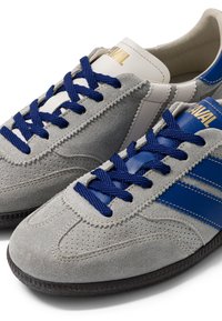 Paire de baskets en daim gris avec lacets et bandes bleues, accents en cuir blanc et bleu, et marquage doré "PAVAL" sur la languette.