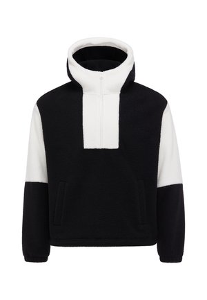Zwart-witte fleece trui met halve rits, hoge kraag, lange mouwen en voorzakken.