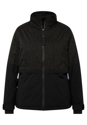 Černá bunda s texturovanou, vzorovanou horní částí. Disponuje zapínáním na zip, vysokým límcem a elastickými manžetami. Navržena pro funkčnost.