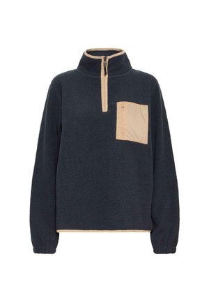 Navy blue fleece pullover with beige zipper trim, beige zippered chest pocket, elastic cuffs, and high collar.