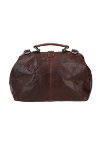 Sac à main en cuir marron avec une finition douce et texturée, de forme arrondie, avec une poignée supérieure et des accents en métal argenté.