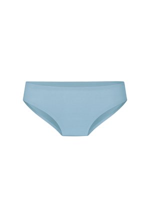 Hellblaue nahtlose Bikini-Unterwäsche aus glattem, dehnbarem Stoff mit hoch geschnittenem Beinausschnitt.
