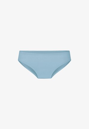 Hellblaue nahtlose Bikini-Unterwäsche aus glattem, dehnbarem Stoff mit hoch geschnittenem Beinausschnitt.