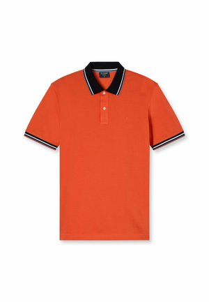 Oranges Poloshirt mit schwarzem Kragen und gestreiften Akzenten. Verfügt über kurze Ärmel, eine Knopfleiste mit zwei Knöpfen und weichem Baumwollmaterial.