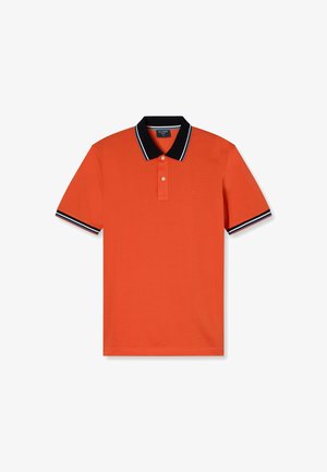 Oranges Poloshirt mit schwarzem Kragen und gestreiften Akzenten. Verfügt über kurze Ärmel, eine Knopfleiste mit zwei Knöpfen und weichem Baumwollmaterial.