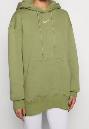 Grüner Baumwoll-Hoodie mit einer Fronttasche, Kordeln und einem kleinen gestickten Logo. Verfügt über gerippte Bündchen und einen lässigen Schnitt.
