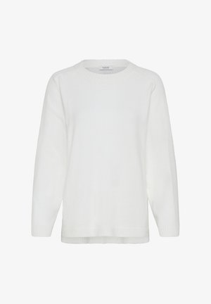 Bela pletena majica s okruglim izrezom, rebrastim manžetama i rubom te ležernim krojem. Glatka tekstura s minimalnim detaljima.