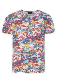Blouse à manches courtes avec motif floral abstrait multicolore, col rond, ouverture en goutte et détail à nouer au col.