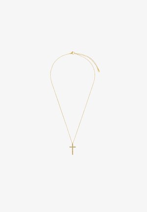 Collier en or avec une chaîne délicate et un pendentif en croix. La croix présente un design simple avec de petites accents transparents pour plus de détail.