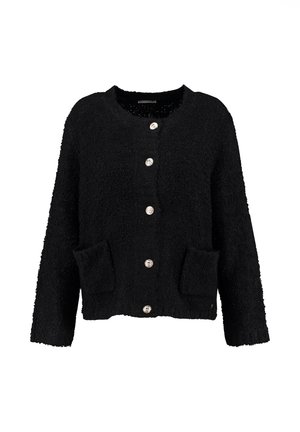 Schwarze Strickjacke aus strukturiertem Stoff mit einer flauschigen Oberfläche, runden Halsausschnitt, sechs silbernen Knöpfen und zwei Vorderaschen.