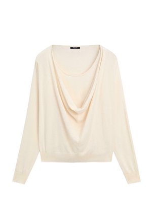 Cremefarbener Langarmpullover mit drapiertem Wasserfallausschnitt sowie gerippten Bündchen und Saum, dargestellt vor weißem Hintergrund.