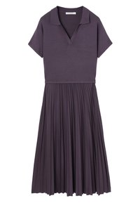 Robe courte à manches courtes de couleur violet foncé avec un haut col en V à col et une jupe midi plissée.