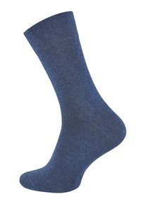 Calzino di cotone blu con polsino a costine, texture liscia e punta rinforzata. Presenta un colore blu uniforme con leggere variazioni di tonalità.