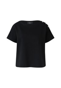 Zwarte T-shirt met een relaxte pasvorm, ronde halslijn en korte mouwen. Bevat drie decoratieve knopen op de linkerschouder. Glad textuur.
