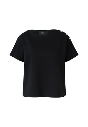 T-shirt noir à coupe décontractée, encolure ronde et manches courtes. Présente trois boutons décoratifs sur l'épaule gauche. Texture lisse.
