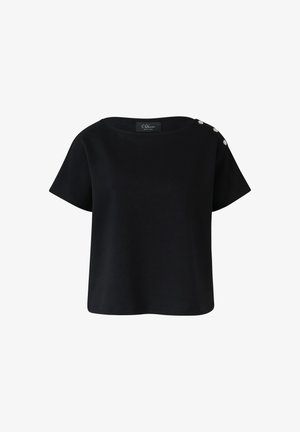 Schwarzes T-Shirt mit lockerer Passform, rundem Ausschnitt und kurzen Ärmeln. Besitzt drei dekorative Knöpfe an der linken Schulter. Glatte Textur.