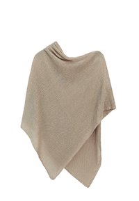 Beżowy dziergany ponczo z wywiniętym dekoltem i asymetrycznym dołem, zaprojektowany do noszenia warstwowego i zapewniający ciepło.