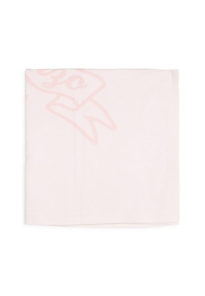 Couverture tissée rose avec un design texturé comportant le mot "30" dans un motif subtil. Tissu doux avec une finition lisse. Forme rectangulaire.