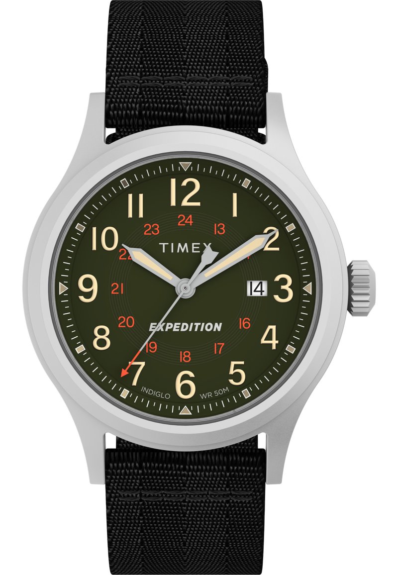 Zegarek Timex Expedition z okrągłą obudową ze stali nierdzewnej, ciemnozieloną tarczą, białymi i czerwonymi cyferkami, czarnym materiałowym pasek oraz wyświetlaczem daty.