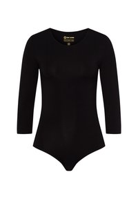 Bodysuit negro de manga larga con cuello redondo, hecho de una tela suave. Forma ajustada con un cierre a presión en la parte inferior.