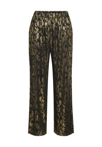 Mustat leveälahkeiset housut, joissa on metallinhohtoinen kultainen abstrakti kuvio ja joustava vyötärönauha.