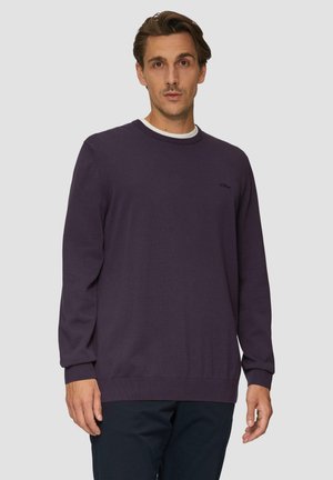 Purple knitted sweater with a round neck and ribbed cuffs, featuring a small logo on the chest. Fabric has a smooth texture.