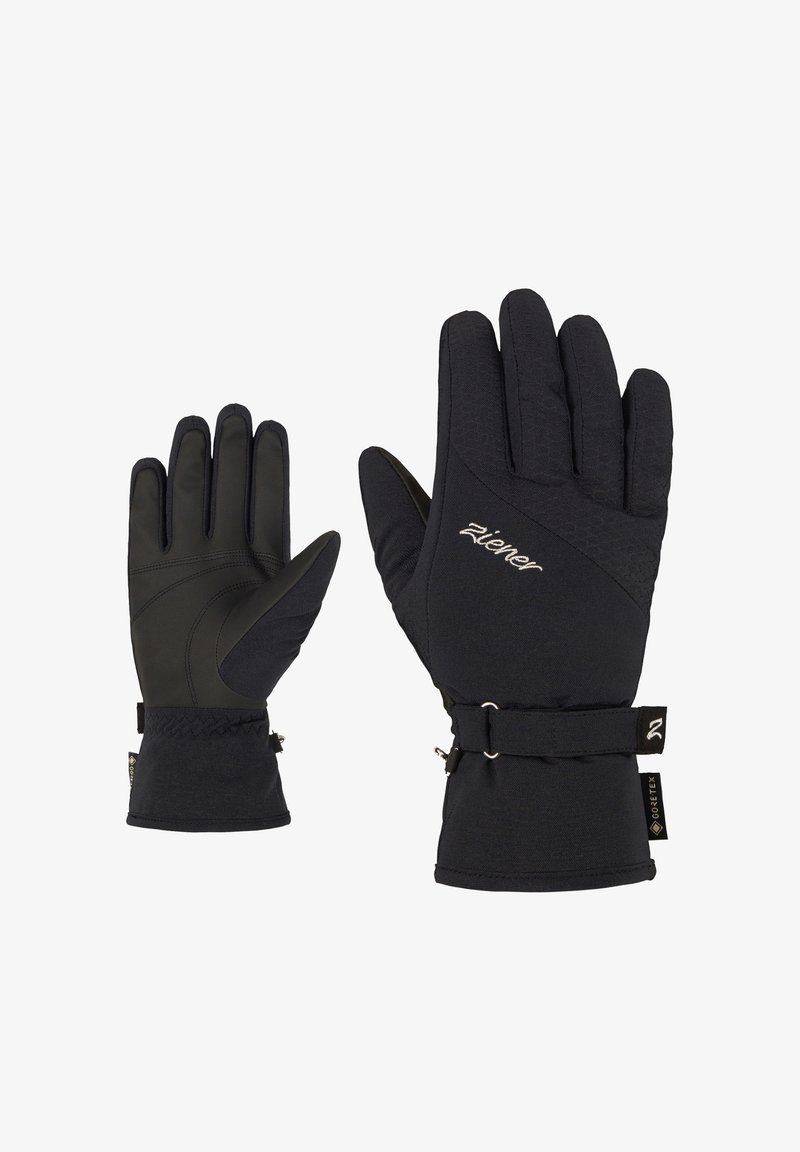 Schwarze Handschuhe aus strukturiertem Stoff mit einer glatten Lederinnenseite. Verstellbare Handgelenkriemen und ein Logo sind auf der Rückseite vorhanden.