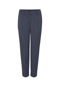 Pantalon gris foncé sur mesure avec pli devant, fermeture par bouton et zip, passants de ceinture et ourlets retroussés.